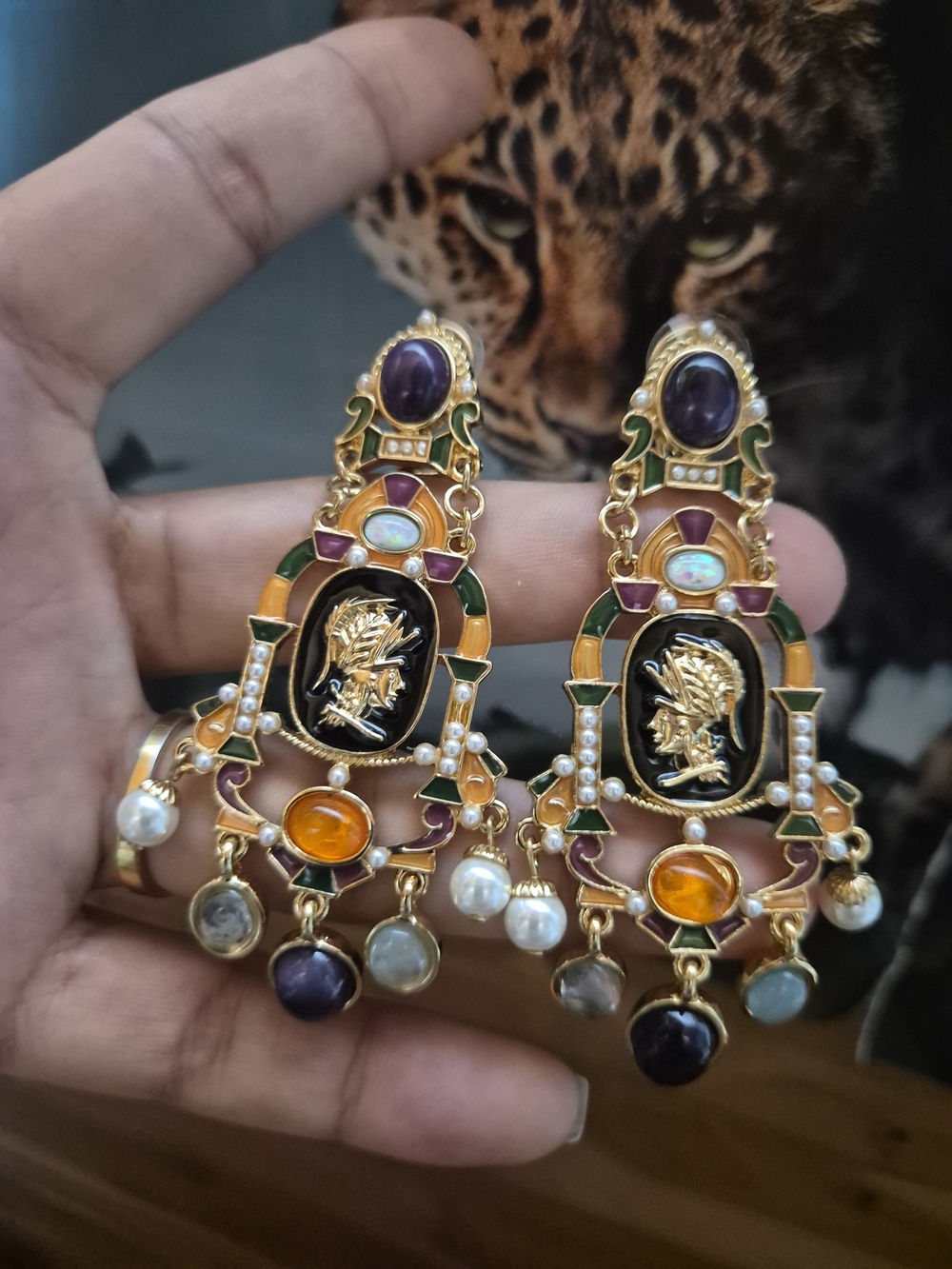 Vintage-Inspired Gold Tone Multicolor Drop Earrings with Black Cameo